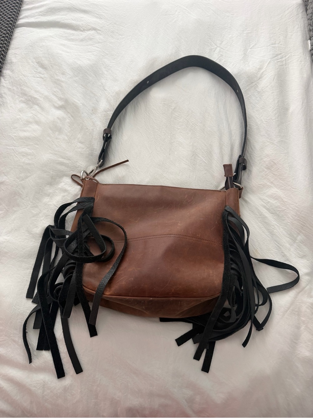 Brown Leather Fringe Shoulder Bag with Black Strap — Women’s Casual Crossbody